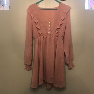 Large, ruffled button elastic cuff mini dress- Pink